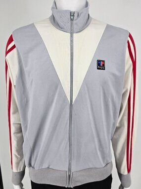 Distressed Vintage 1980s Pinnacle Grey/White/Red Zip Up Tricot Track Jacket (XL)